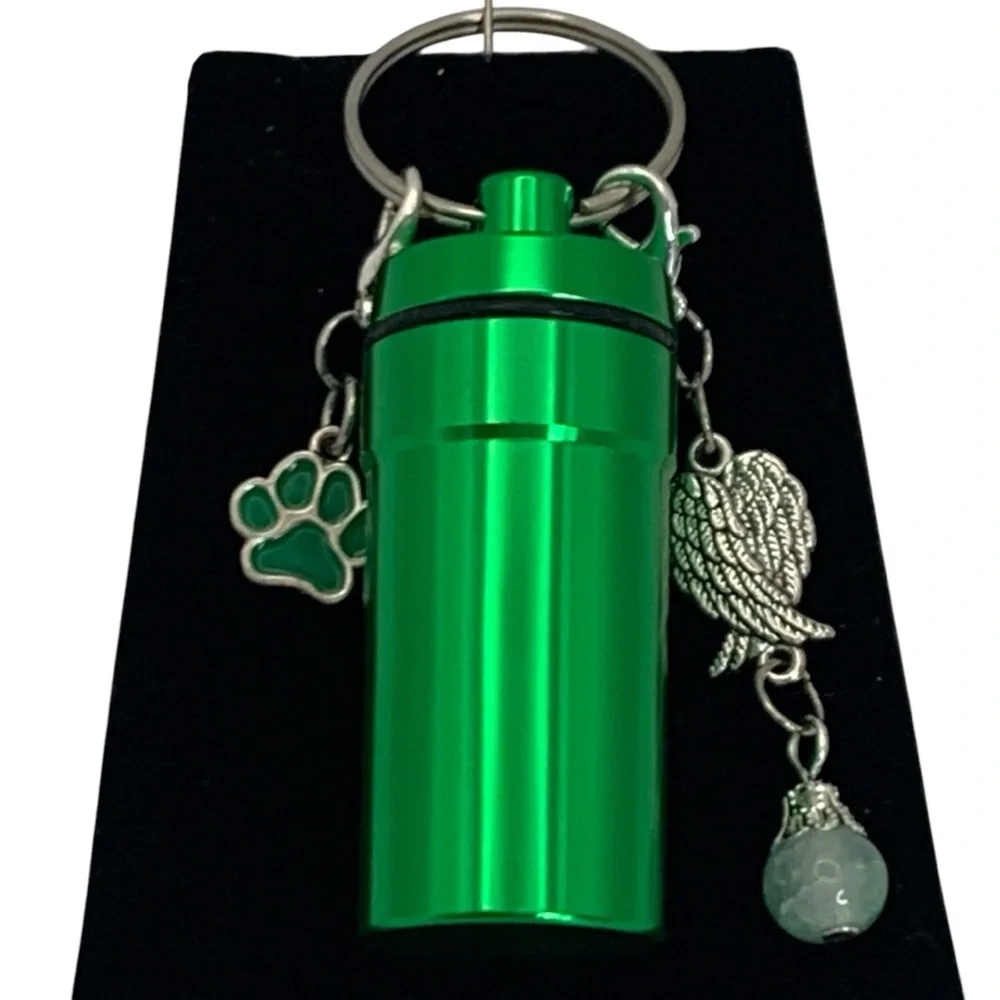 Pet Cremation Urn Green Stainless Steel Memorial Keepsake Cylinder Keychain